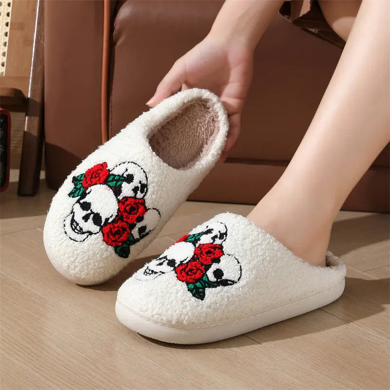 Halloween Skull Rose Slippers Winter Warm Indoor Floor Bedroom Home Slipper For Women - EX-STOCK Canada