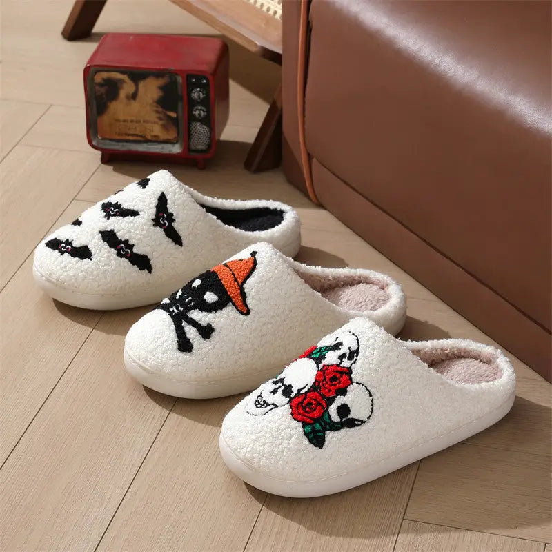 Halloween Skull Rose Slippers Winter Warm Indoor Floor Bedroom Home Slipper For Women - EX-STOCK Canada
