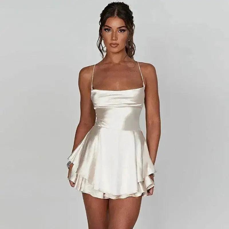 Robe courte élégante de style célébrité en satin d'été avec bretelles dos nu et charme de tempérament EX-STOCK Canada