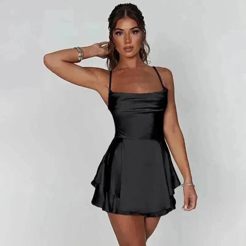 Robe courte élégante de style célébrité en satin d'été avec bretelles dos nu et charme de tempérament EX-STOCK Canada
