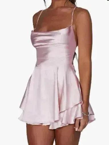 Robe courte élégante de style célébrité en satin d'été avec bretelles dos nu et charme de tempérament EX-STOCK Canada