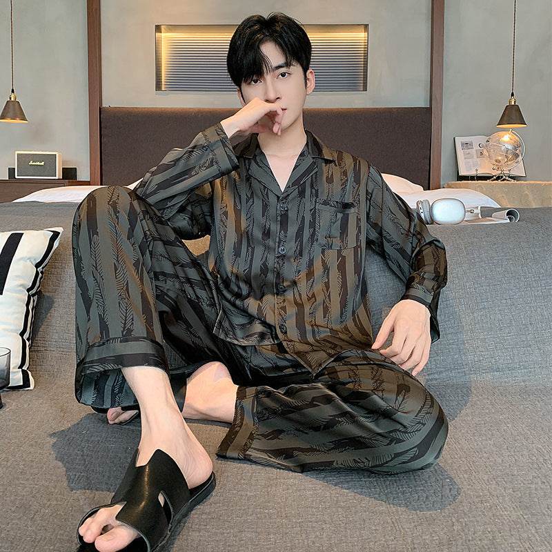 High-grade Ice Silk Men's Pajamas V-neck Thin Trousers Long Sleeve Two-piece Set EX-STOCK CANADA