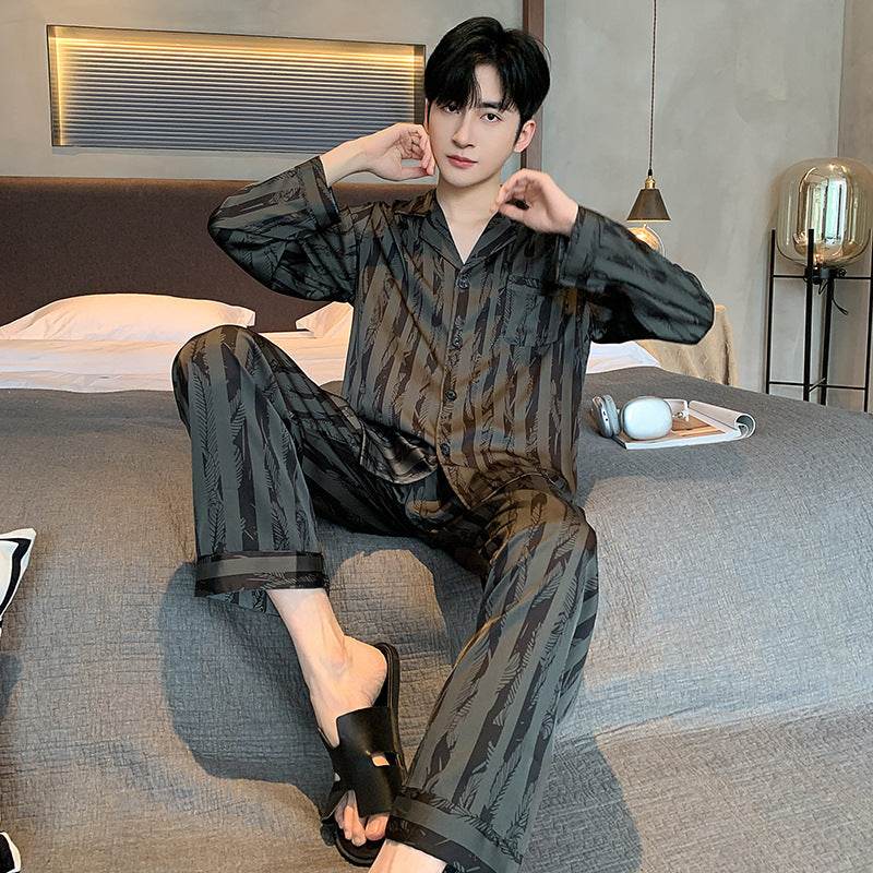 High-grade Ice Silk Men's Pajamas V-neck Thin Trousers Long Sleeve Two-piece Set EX-STOCK CANADA