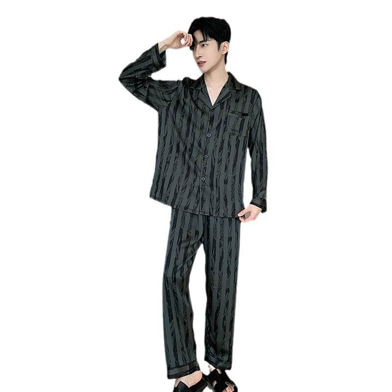 High-grade Ice Silk Men's Pajamas V-neck Thin Trousers Long Sleeve Two-piece Set EX-STOCK CANADA