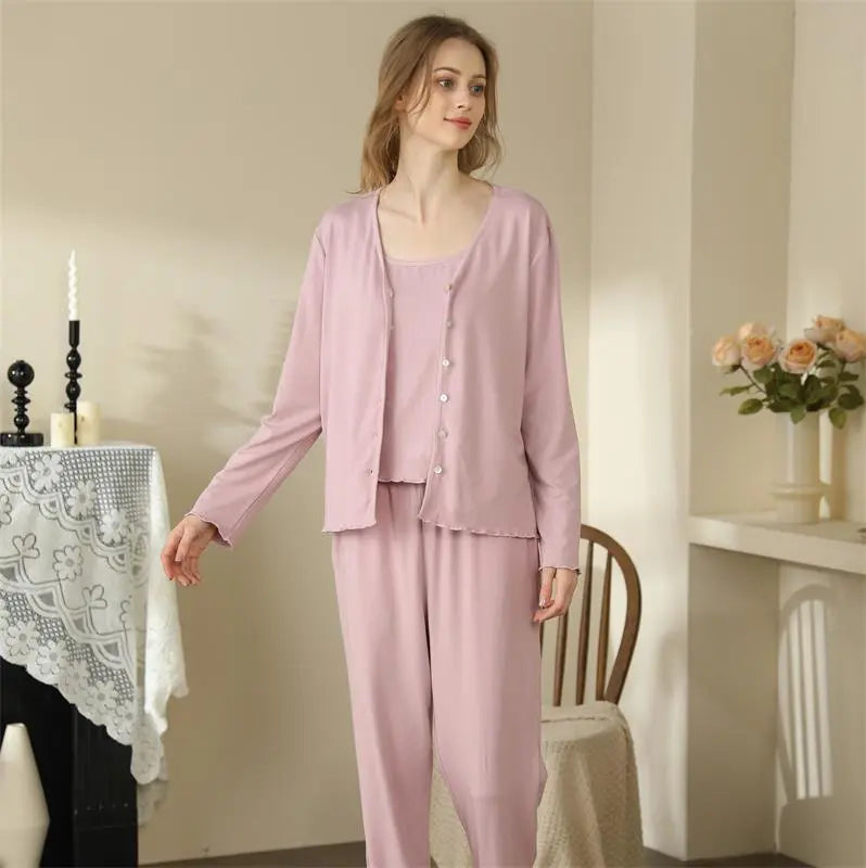 Homewear With Braces Cardigan French Style Three-piece Pajamas For Women - EX-STOCK Canada