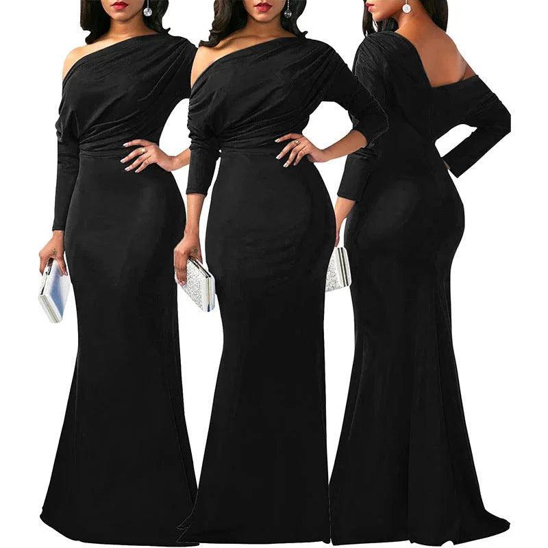 Independent Station Cross Border Elegant Sexy Oblique Shoulder Long Dinner Evening Dress EX-STOCK Canada