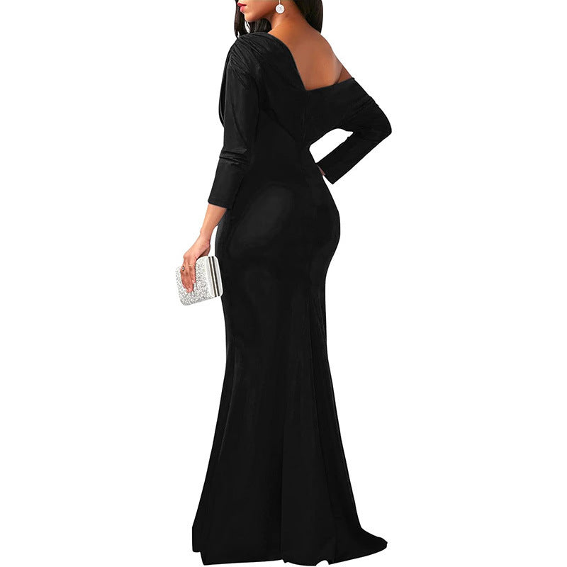 Independent Station Cross Border Elegant Sexy Oblique Shoulder Long Dinner Evening Dress EX-STOCK Canada