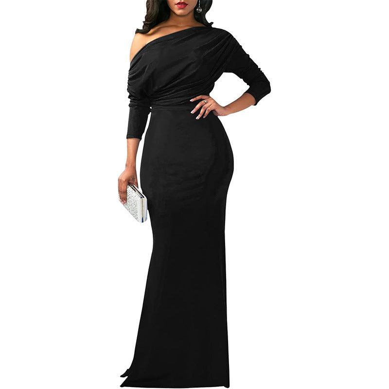 Independent Station Cross Border Elegant Sexy Oblique Shoulder Long Dinner Evening Dress EX-STOCK Canada