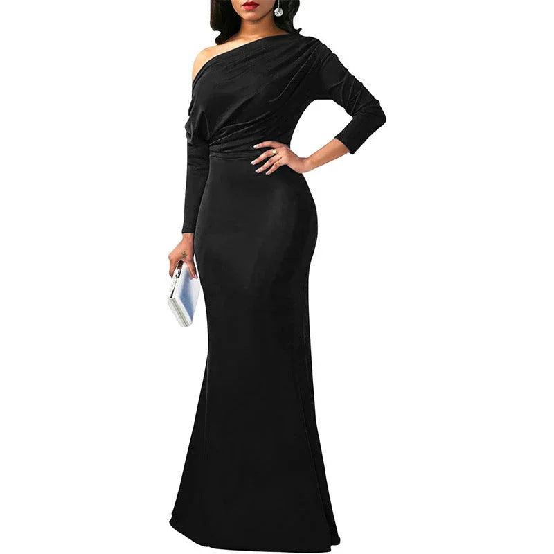 Independent Station Cross Border Elegant Sexy Oblique Shoulder Long Dinner Evening Dress EX-STOCK Canada