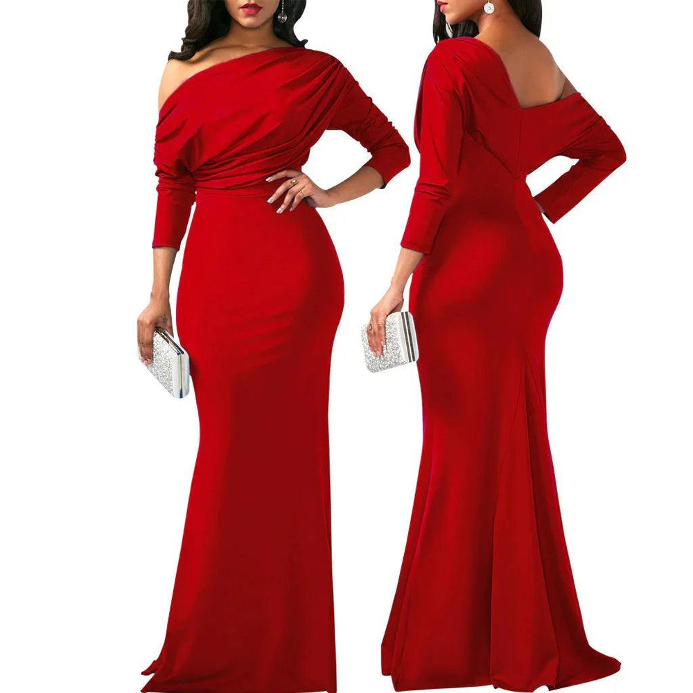 Independent Station Cross Border Elegant Sexy Oblique Shoulder Long Dinner Evening Dress EX-STOCK Canada