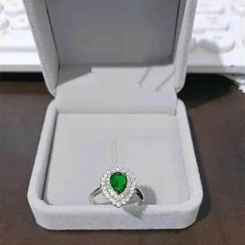 Ins Trendy Heart-shaped Emerald Water Drop Ring Full Diamond - EX-STOCK Canada
