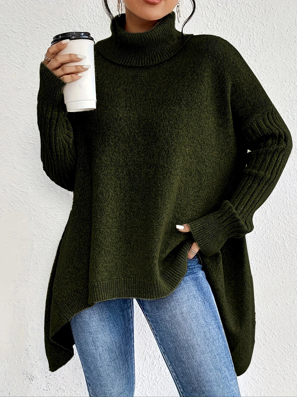 Irregular Turtleneck Sweater Winter Loose Long Sleeve Knitted Tops Leisure Warm Pullover Sweater Women's Clothing EX-STOCK Canada