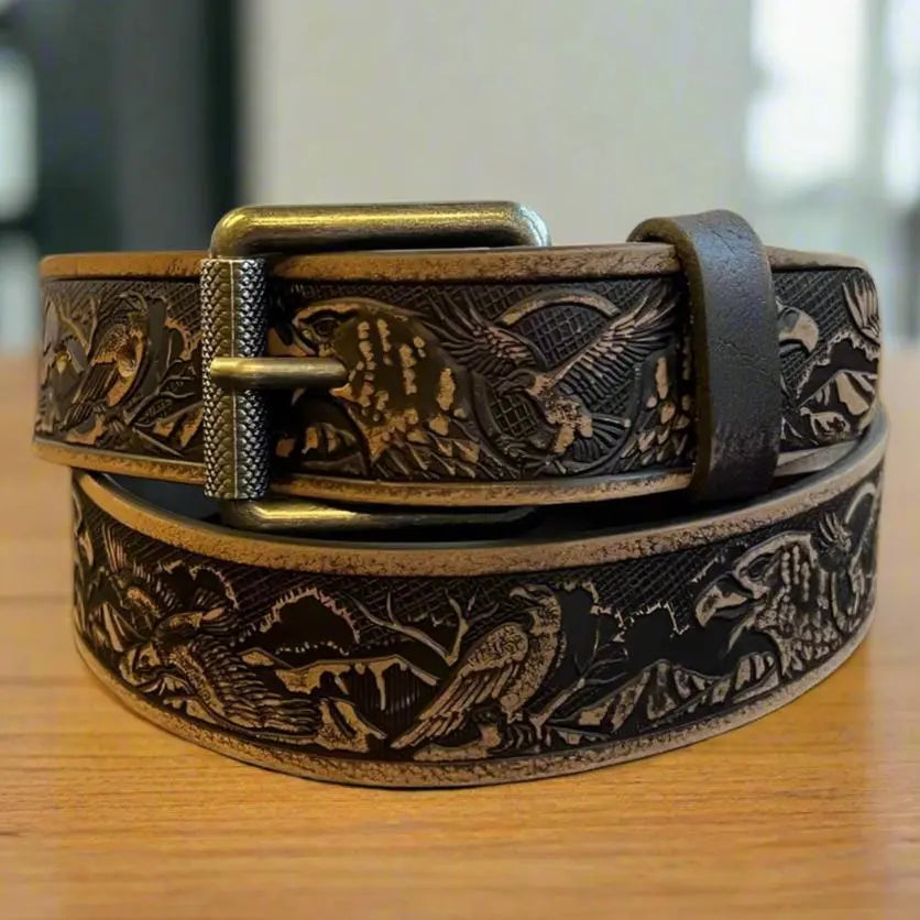 Keldon Grain Leather Men's Eagle Embossed Removable Buckle Belt EX-STOCK Canada