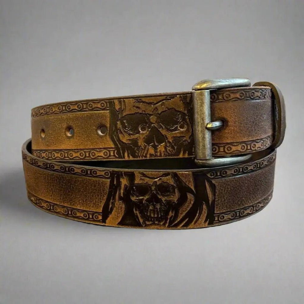 Keldon Grain Leather Men's Skull Shain Design Removable Buckle Belt EX-STOCK Canada