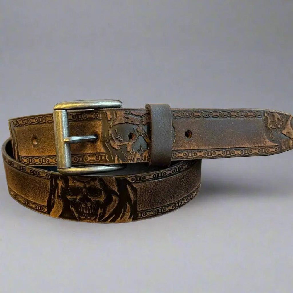 Keldon Grain Leather Men's Skull Shain Design Removable Buckle Belt EX-STOCK Canada