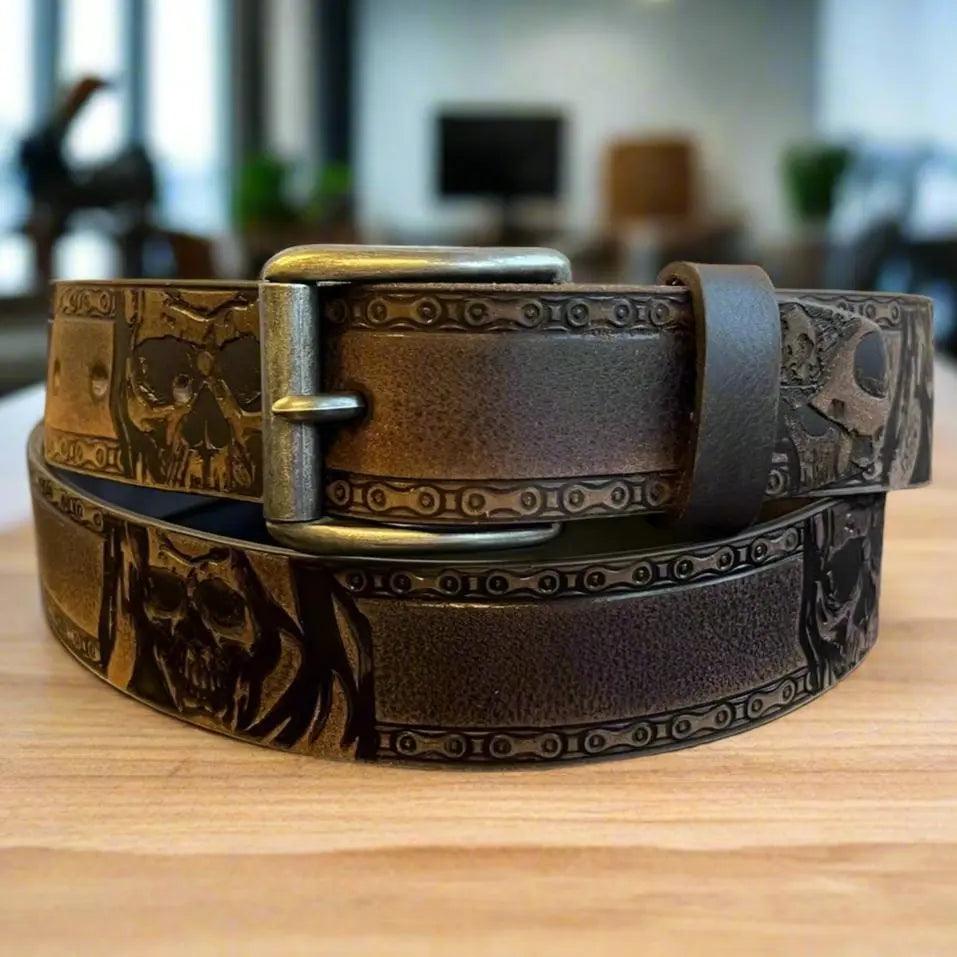 Keldon Grain Leather Men's Skull Shain Design Removable Buckle Belt EX-STOCK Canada