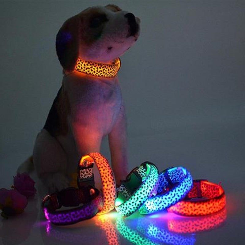 LED Dog Collar Safety Adjustable Nylon Leopard Pet Collar EX-STOCK Canada