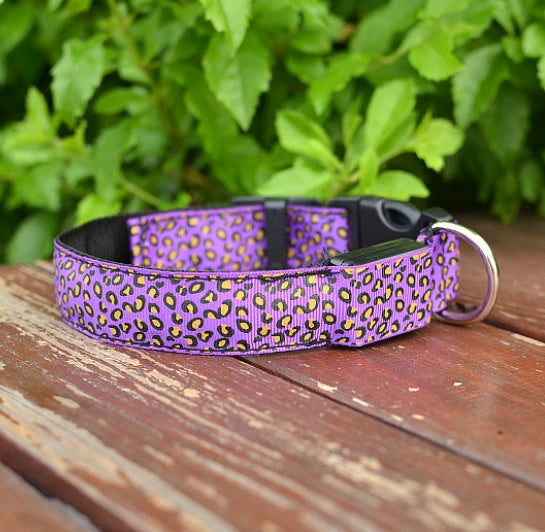 LED Dog Collar Safety Adjustable Nylon Leopard Pet Collar EX-STOCK Canada