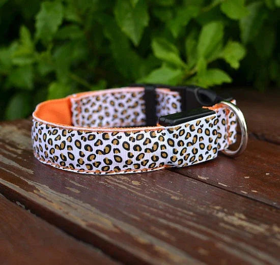 LED Dog Collar Safety Adjustable Nylon Leopard Pet Collar EX-STOCK Canada