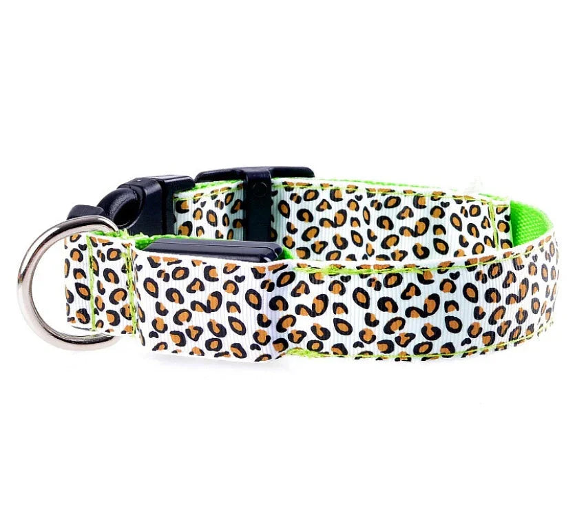 LED Dog Collar Safety Adjustable Nylon Leopard Pet Collar EX-STOCK Canada