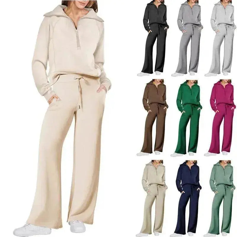 Leisure Sports Suit Long-sleeve Zipper Sweatshirt Wide Leg Pants Two-piece Set - EX-STOCK Canada