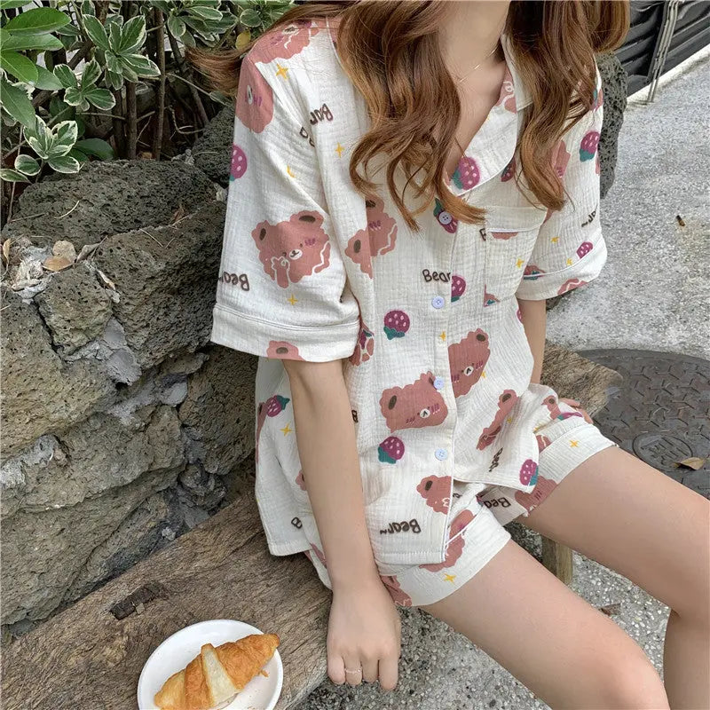 Little Bear Strawberry Print Short Sleeve Shorts Women Pajamas Sleep and Lounge wear - EX-STOCK Canada