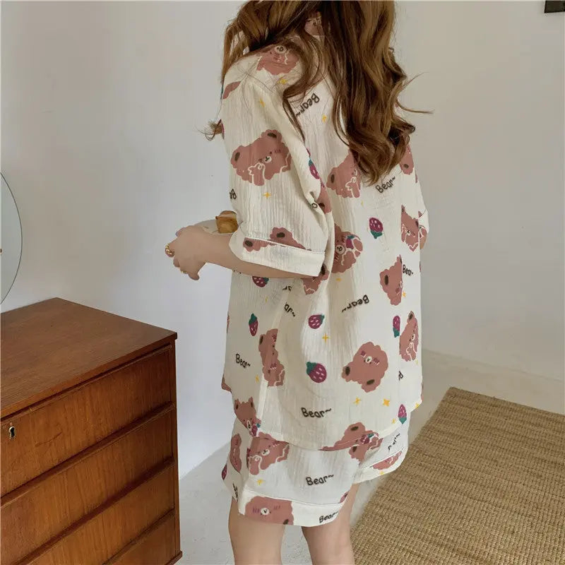 Little Bear Strawberry Print Short Sleeve Shorts Women Pajamas Sleep and Lounge wear - EX-STOCK Canada