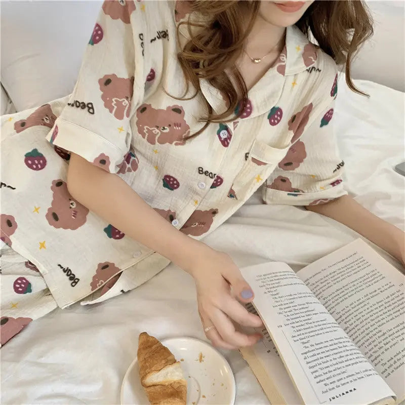 Little Bear Strawberry Print Short Sleeve Shorts Women Pajamas Sleep and Lounge wear - EX-STOCK Canada