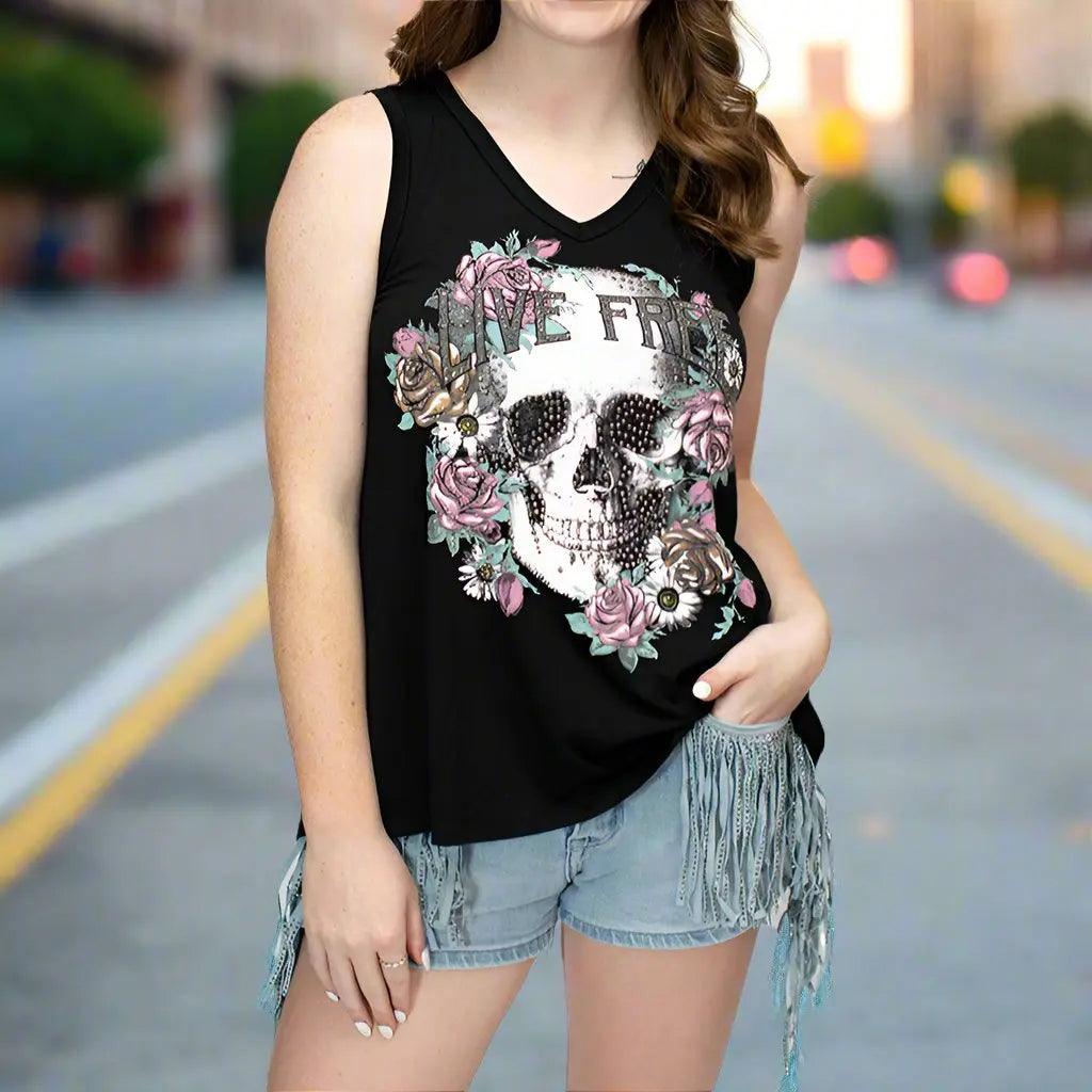 Débardeur Live Free à motif crâne et floral avec détails en dentelle et découpe dans le dosEX-STOCK Canada