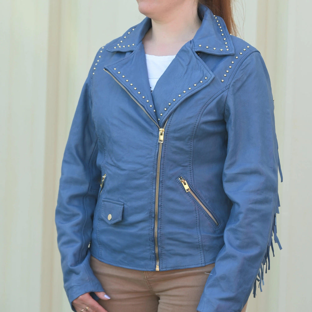 Women's Studded Leather Jacket with Removable Fringe EX-STOCK Canada