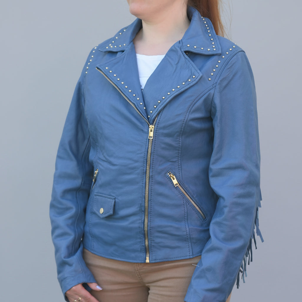 Women's Studded Leather Jacket with Removable Fringe