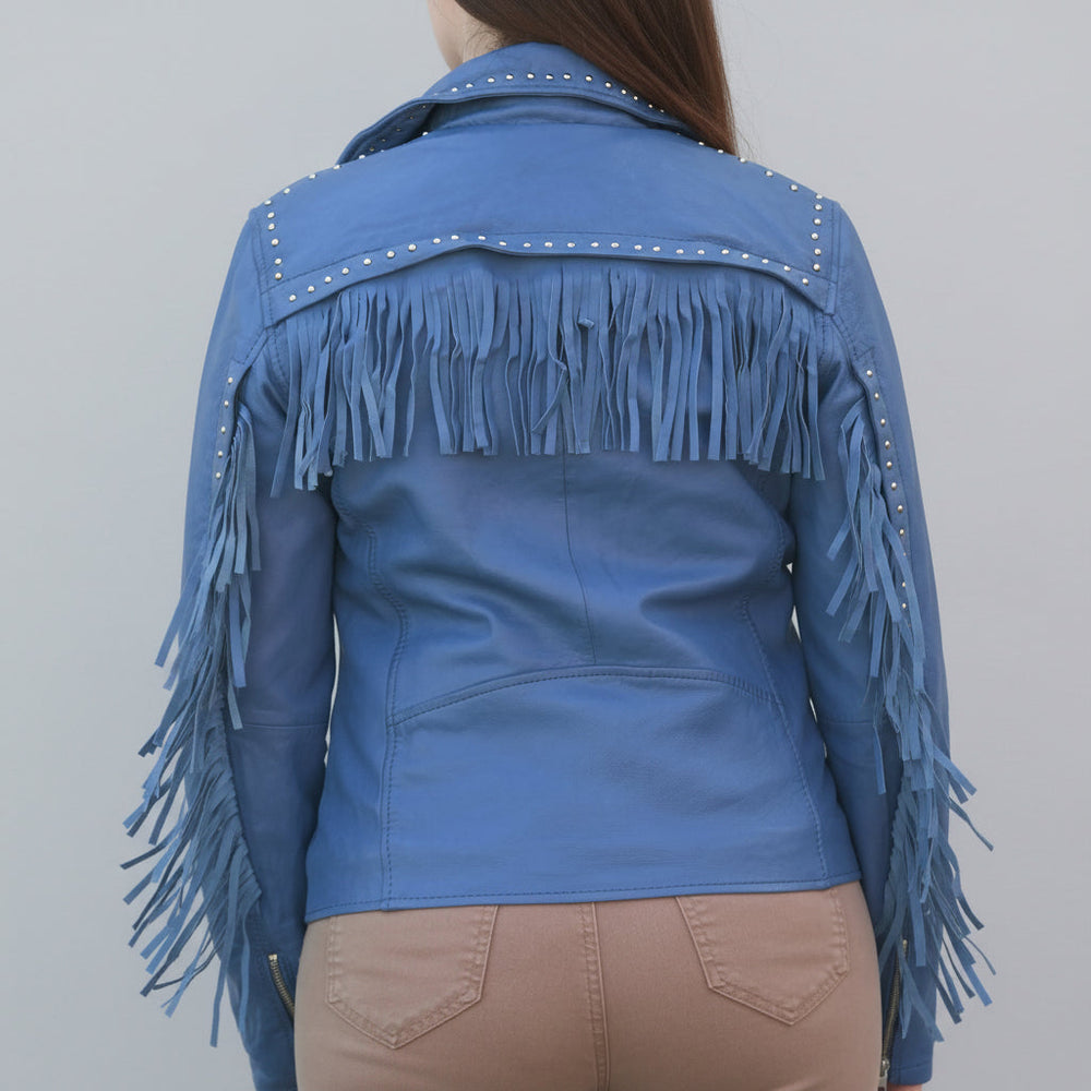 Women's Studded Leather Jacket with Removable Fringe