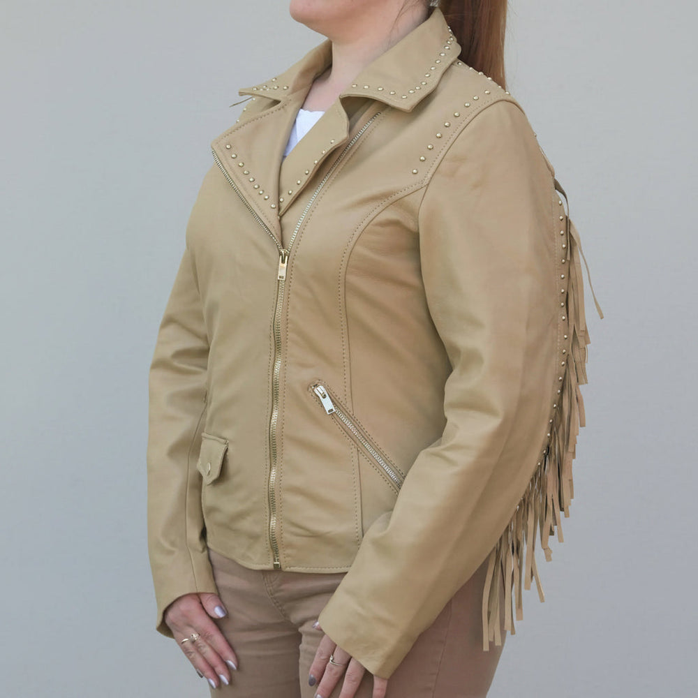 Women's Studded Leather Jacket with Removable Fringe
