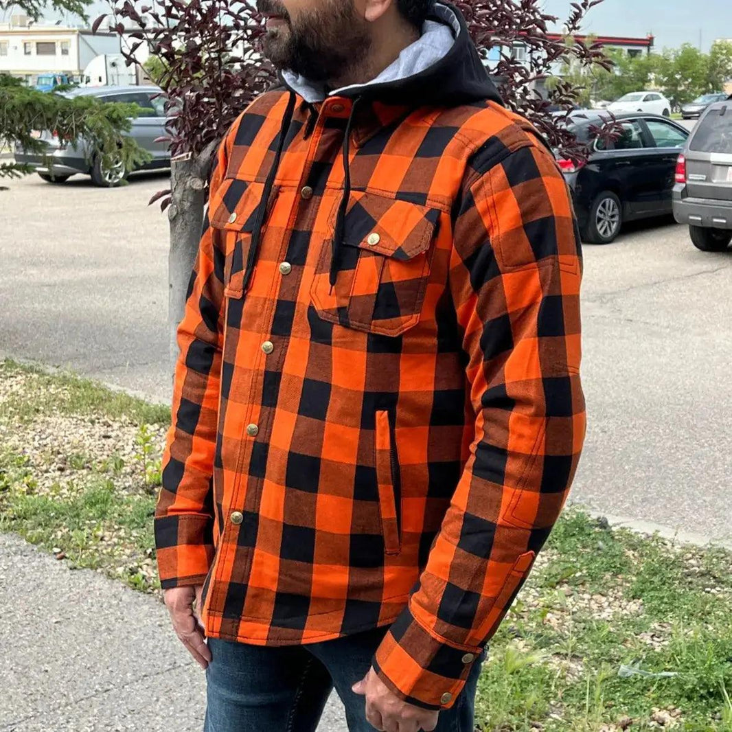 Milwaukee Leather Men's Orange & Black Armored Flannel Biker Shirt w/ Reinforced Fibers EX-STOCK Canada