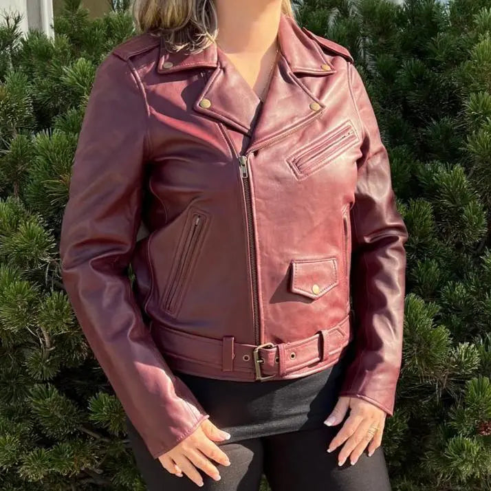 Chaqueta de estilo biker para mujer de cuero de cordero con cinturónEX-STOCK Canada