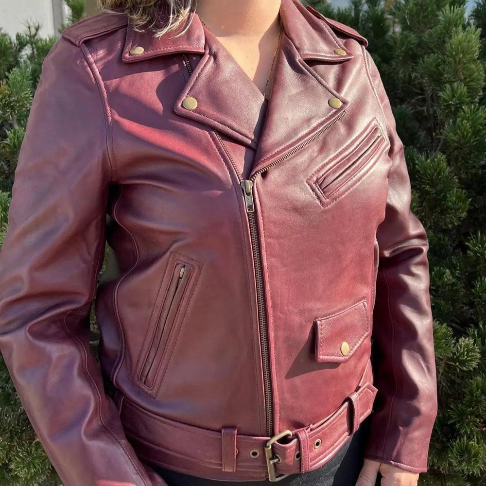 Veste de motard pour femme en cuir d'agneau avec ceinture
