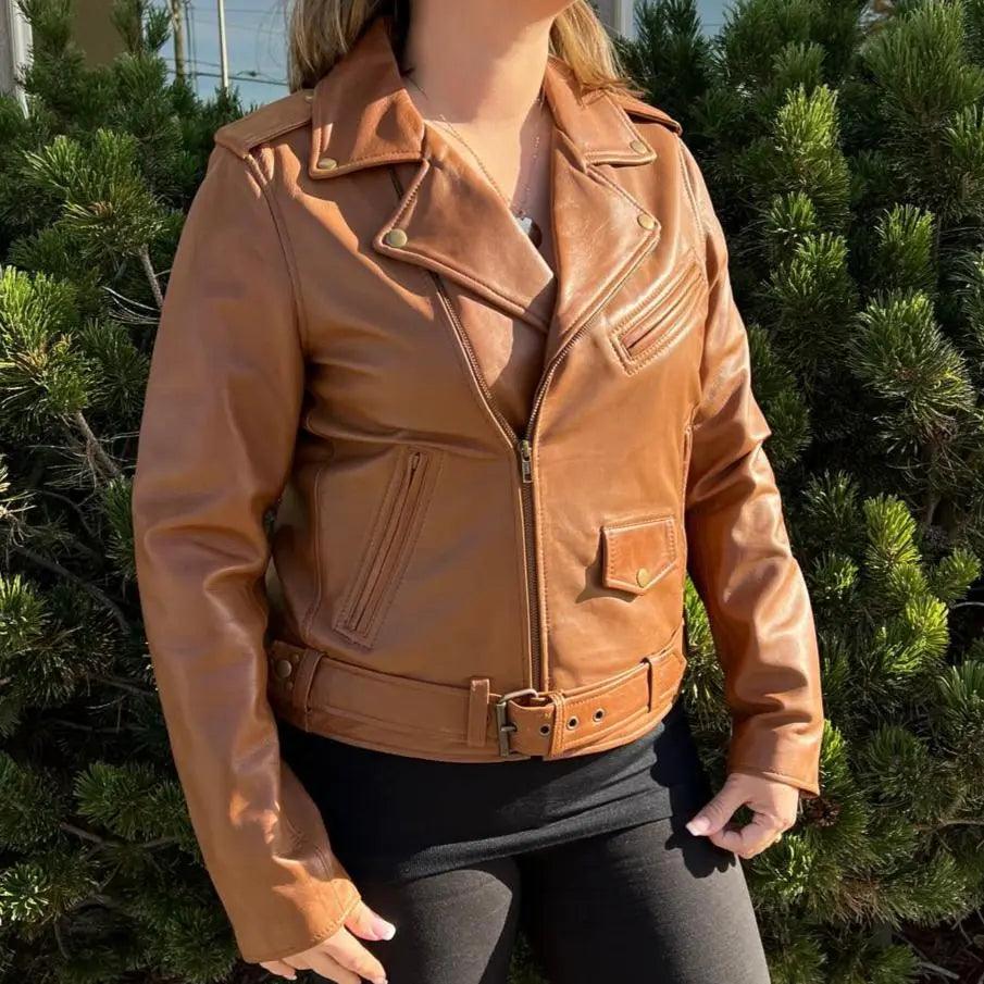 Veste de motard pour femme en cuir d'agneau avec ceinture