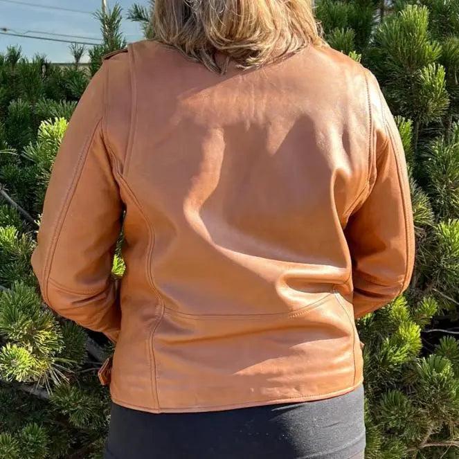 Veste de motard pour femme en cuir d'agneau avec ceinture