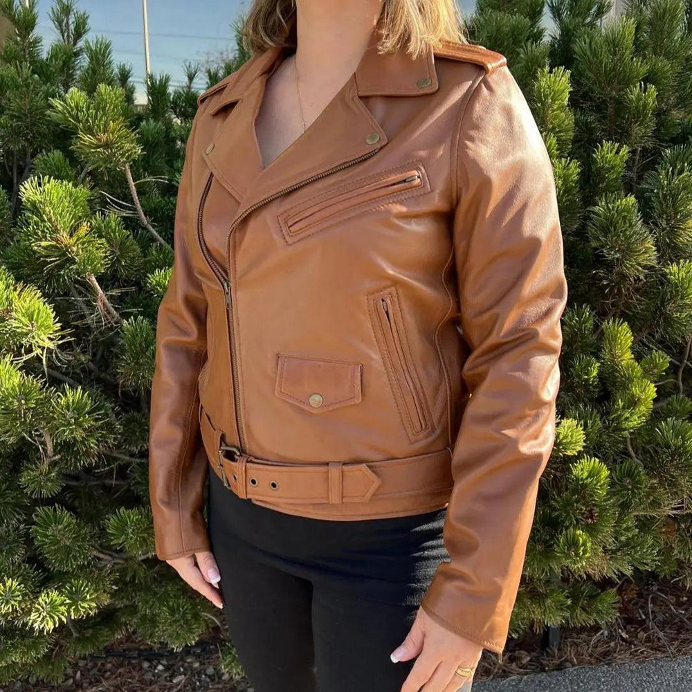 Veste de motard pour femme en cuir d'agneau avec ceinture