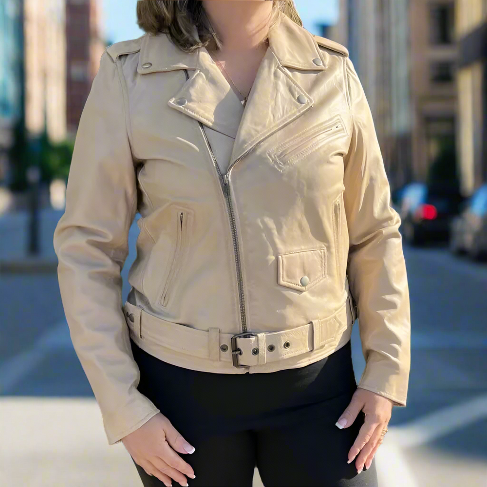 سترة نسائية من جلد الحملان بأسلوب راكب الدراجات مع حزامEX-STOCK Canada