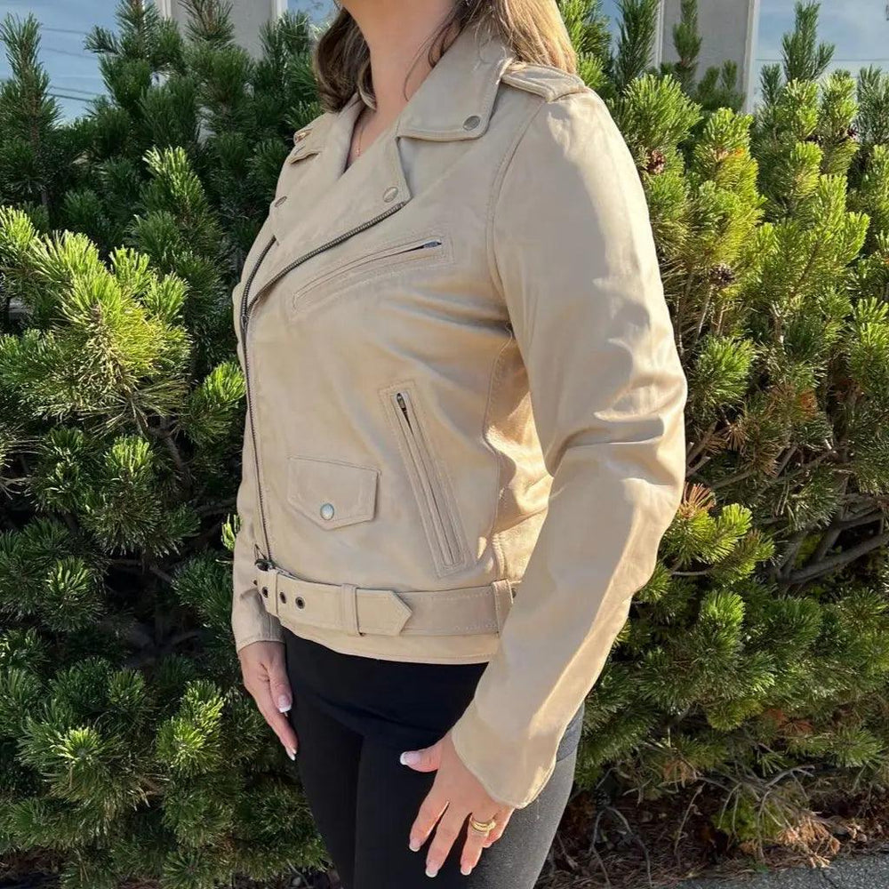 Veste de motard pour femme en cuir d'agneau avec ceinture