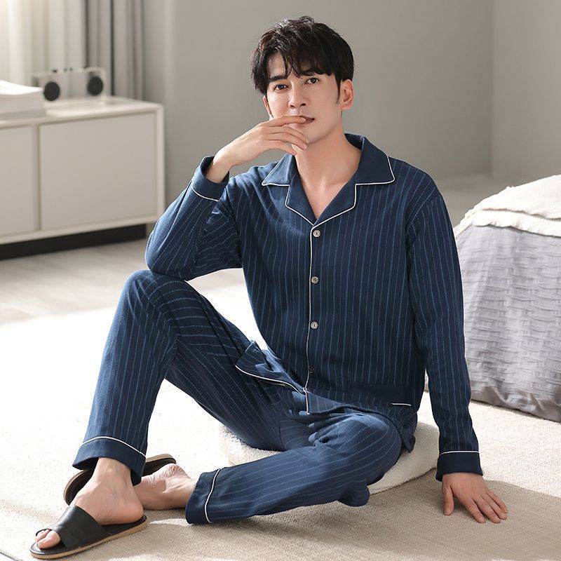 Men's Autumn And Winter Cotton Long-sleeved Trousers Thin Pajamas Loose Home Wear Suit Men EX-STOCK CANADA