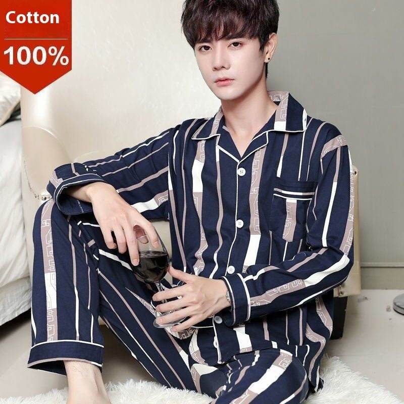 Men's Autumn And Winter Cotton Long-sleeved Trousers Thin Pajamas Loose Home Wear Suit Men EX-STOCK CANADA