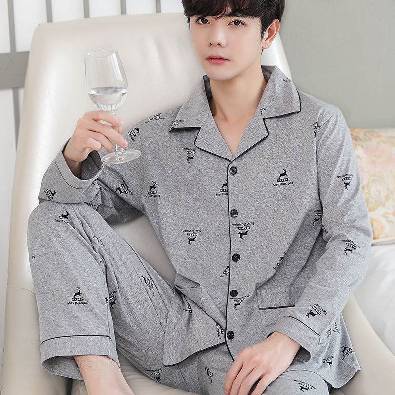 Men's Autumn And Winter Cotton Long-sleeved Trousers Thin Pajamas Loose Home Wear Suit Men EX-STOCK CANADA