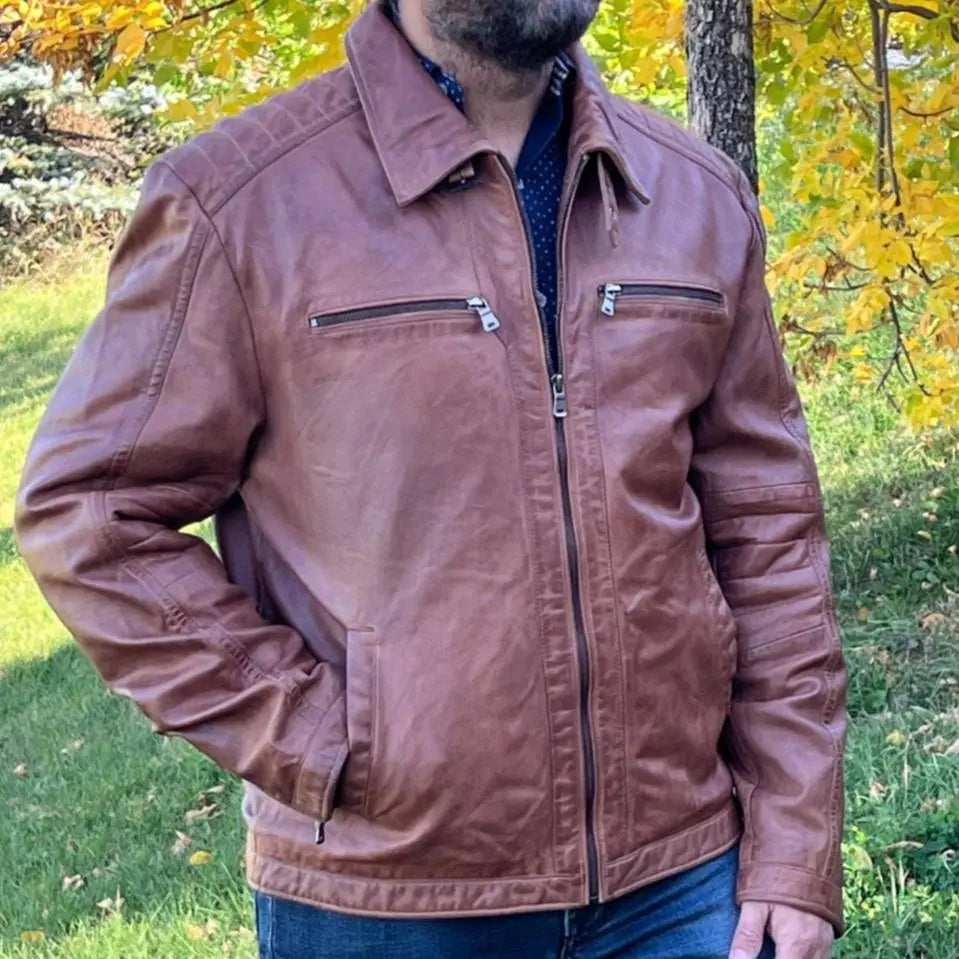 Chaqueta clásica de cuero de cordero para hombre con cuatro bolsillosEX-STOCK Canada