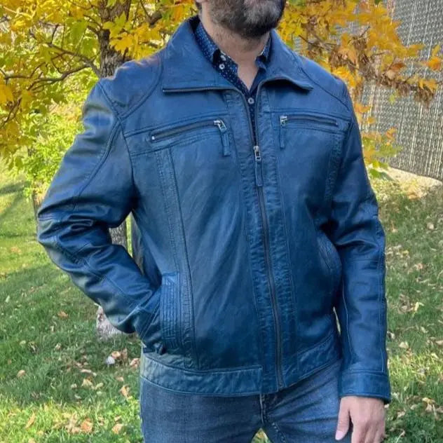 Chaqueta de cuero de cordero para hombre con dos bolsillos en el pecho con cremalleraEX-STOCK Canada