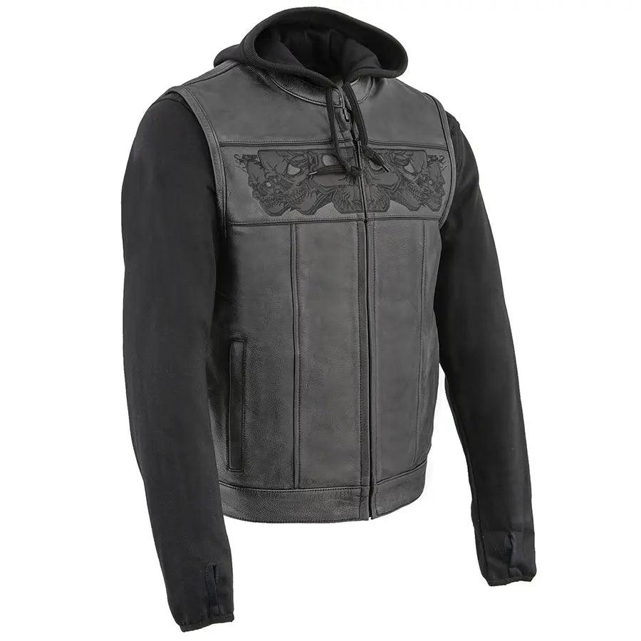 Milwaukee Leather Men's Black Leather Vest with Reflective Skulls & Full Hoodie Liner EX-STOCK Canada