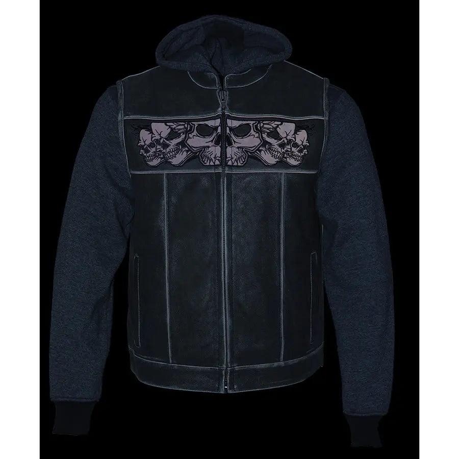 Milwaukee Leather Men's Black Leather Vest with Reflective Skulls & Full Hoodie Liner EX-STOCK Canada