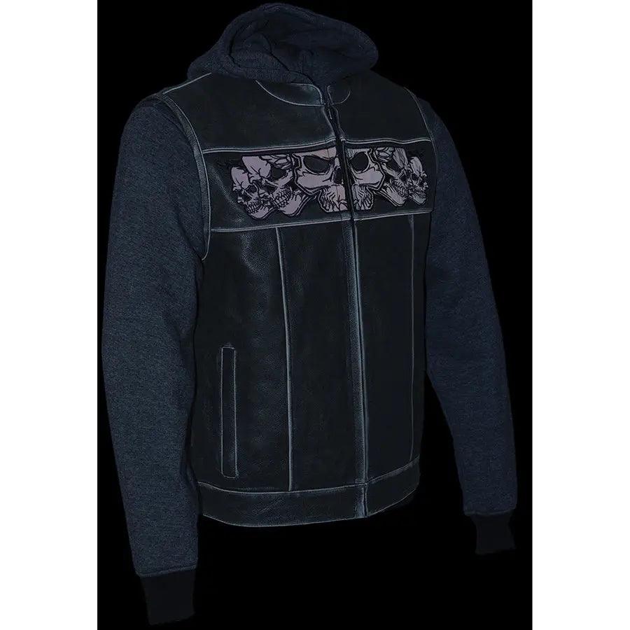Milwaukee Leather Men's Black Leather Vest with Reflective Skulls & Full Hoodie Liner EX-STOCK Canada