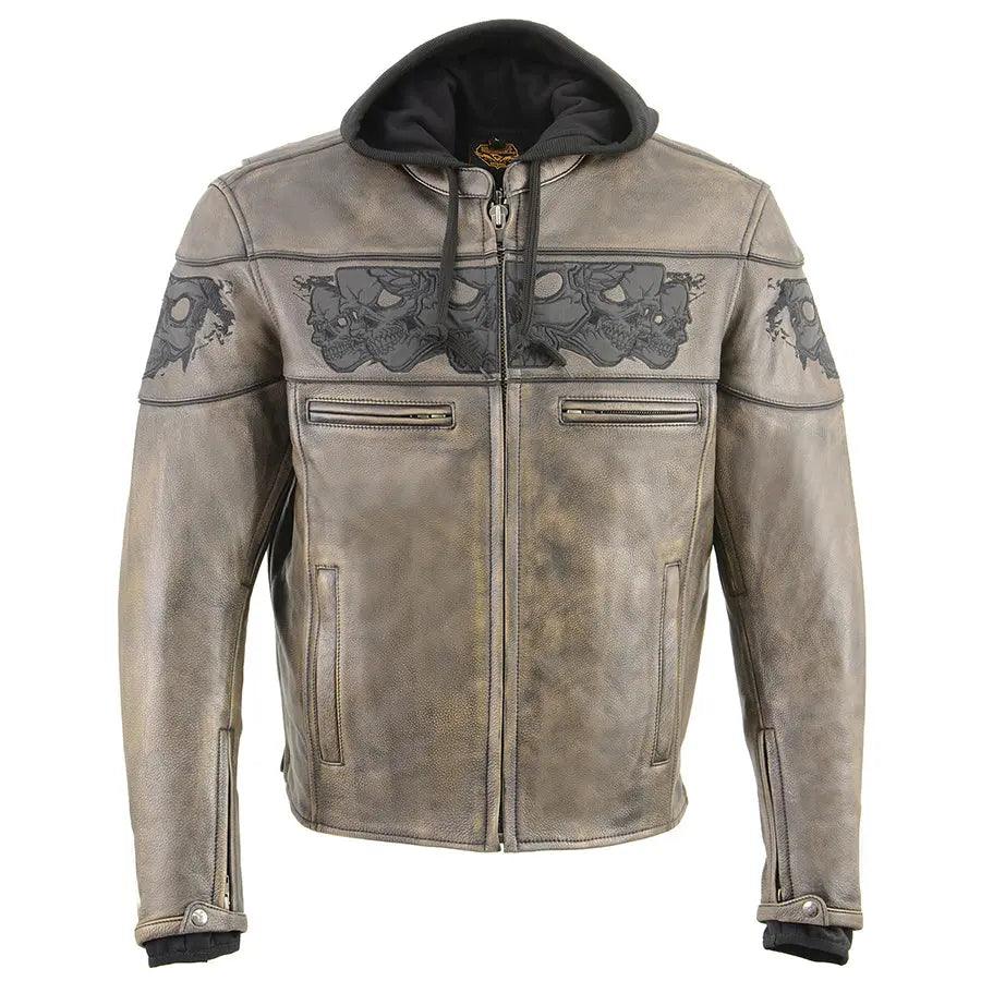Veste de motard croisée pour hommes en cuir vieilli brun Milwaukee avec crânes réfléchissantsEX-STOCK Canada